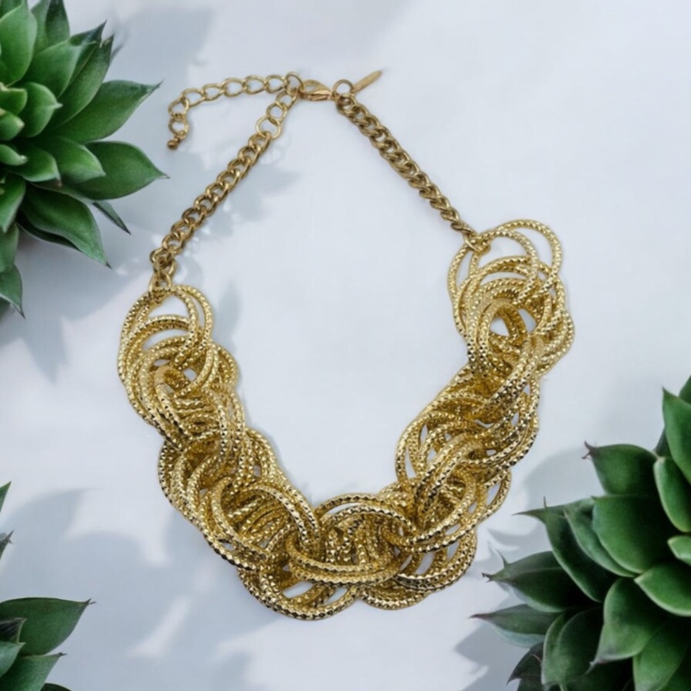 Bold Chunky Woven Textured Gold Tone Link Necklace by NY Statement Piece